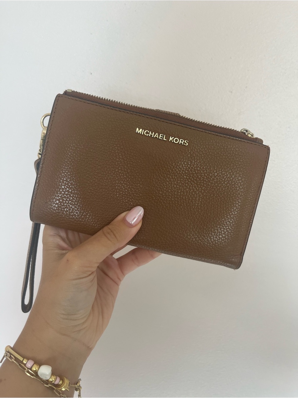 Michael Kors Cognac Leather Pebbled Leather Wristlet